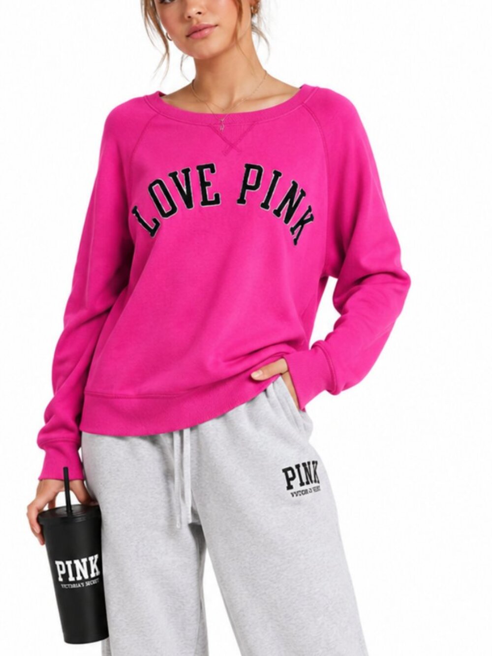 PINK Victoria’s Secret Hot Pink Crewneck Sweatshirt LOVE PINK Graphic Pullover L